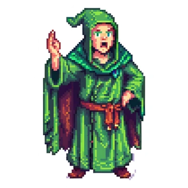 8-bit pixel art wizard yelling, green robe, dramatic pose, pixel art style sticker