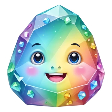 A single pastel rainbow crystal rock character, chubby and heavy with a chunky, irregular polygon shape,covered in faceted crystal planes and small chips, big glossy rainbow eyes and a small smiling mout sticker