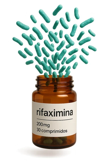 barattolo di medicinale con la scritta "rifaximina" sull'etichetta fluttua in aria, da dentro al barattolo escono batteri intestinali turchesi, iperrealistico 4k sticker