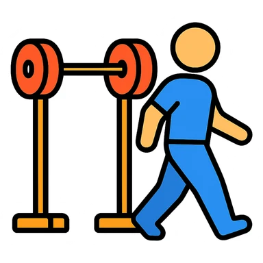 playful bold stylized icon of a person walking away from a squat rack, fitness context sticker
