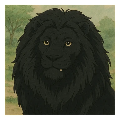 a black lion with a gold tooth, ghibli style sticker