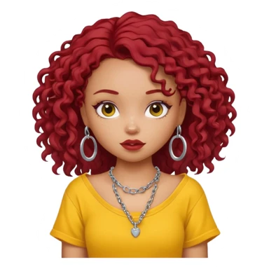 generate a pretty bratz girl with an oversized yellow tshirt falling off her shoulders, wearing a silver dainty necklace, curly dark red hair sticker