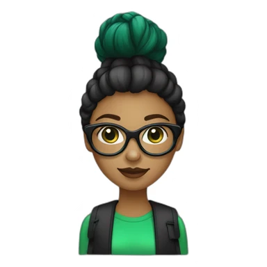 une fille avec de long cheveux noir lisse , des yeux vert , et avec des lunette (en forme de carrer un peu déformé) assez grosse comparer a ça tête , portant un pull noir sticker