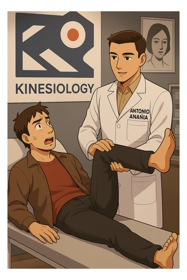 fai un webtoon manga a colori con questo stile, in cui un uomo è steso sul lettino medico e il kinesiologo con il camice bianco (fagli anche la scritta "ANTONIO ANANIA" SUL CAMICE, gli solleva una gamba per fargli il test neuromuscolare, IL KINESIOLOGO SPIEGA ALL'UOMO UNA cosa mentre gli alza la gamba. non fare i fumetti però, fai solo in modo che sembri stiano parlando, il lettino fai in modo che si veda tutto intero sticker