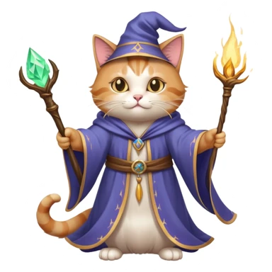 A cat wizard casting a spell with magical staff and flowing robes sticker