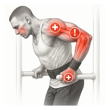 A hyper realistic anatomical illustration of a man doing a dip exercise with the shoulder, arm, and elbow joints highlighted in red. Overlay of medical symbols such as crosses or exclamation points on the stressed areas. Clinical atmosphere with a white background. sticker