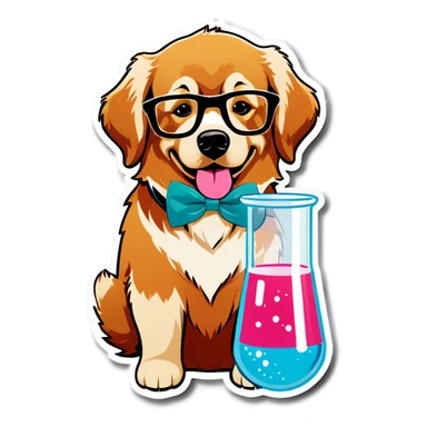 golden retriever that is a nerd with a pink bow and glasses and a scientific beaker sticker