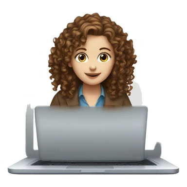 A white girl with brown, curly hair and blue eyes is working on a laptop sticker