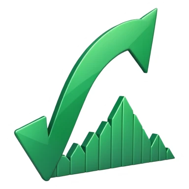 iOS-style 3D emoji: a glossy green arrow curving upward, attached to a jagged rising line chart, with smooth gradients and soft shadow sticker