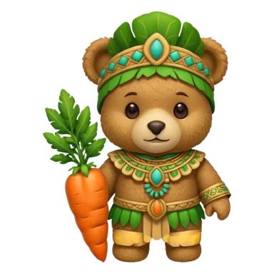 teddy bear, wearing green mayan ancient custome, with carrot sticker
