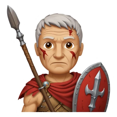A seasoned Roman veteran with scarred armor, serious expression, gripping his spear.
 sticker