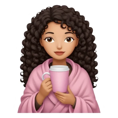 hispanic woman, deep tan skin, black long 3b curls, closed eyes, feminine face, holding soft pink coffee cup with beige blanket over shoulders sticker