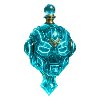premium class crystal elixir bottle in the shape of a robot head, cyan color, lots of glowing, edges, ornaments, golden details, magical effects, very small golden neck, transparent background, beautiful merging bottom, clearly floating in the air, no base or shadow, very luxurious, futuristic, matching the collection sticker