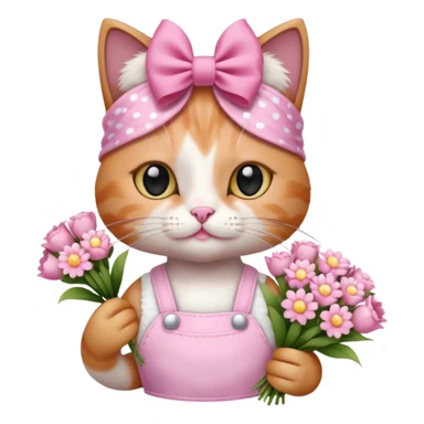 گربه‌ای که دستش یه دسته گل صورتی سفید باشه رو سرش پاپیون باشه و لباس صورتی سفید تنش باشه حالت بیلر داشته باشه و یه کادر کوچیک که نشونه فکر بالا سرش باشه sticker