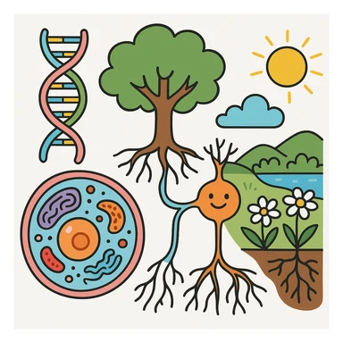 A realistic biological illustration (like in a school book) showing: DNA strands transitioning into a tree, cells with visible organelles, neurons connected to plant roots  and a balanced ecosystem background . Seamless integration, no labels or borders, complete white background (not off white!), detailed but minimalist.  sticker