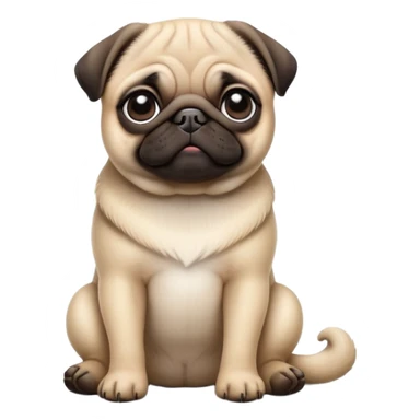 detailed-[cute pug]-realistic-full-body-sitting-emoji,-tail-resting-loosely-beside-its-paws,-head-tilted-dramatically, -sleek-fur,-simplified-yet-realistic-focused-features,-highly-detailed,-glowing-with-an-almost-sarcastic-glow sticker