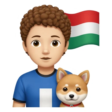 Italy flag shirt boy with chin hairs brown curly hair next to Shiba Inu sticker