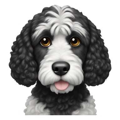 Black cockapoo dog with a white big stripe from the chin to the belly. The moustache is also black sticker