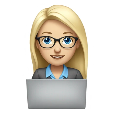 blonde pale white woman with blue eyes and glasses working on laptop sticker