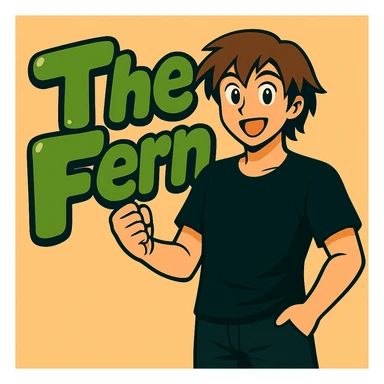 Edit the anime man to wear a black t-shirt with no jacket, standing in front of green bubble letters that say 'The Fern'. Keep his medium-length brown hair and expressive anime face. Maintain a vibrant, cartoonish, eye-catching vibe in the style of the original image. sticker