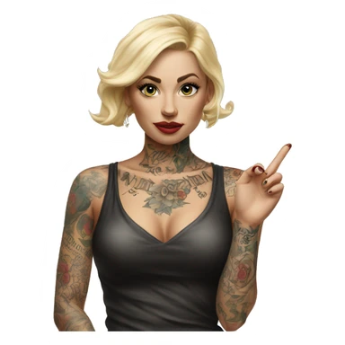 Blonde elegant women, her Body Covered with Tattoos, POINTING to YOU FORWARD with her ONE HAND , Hyper realistic sticker