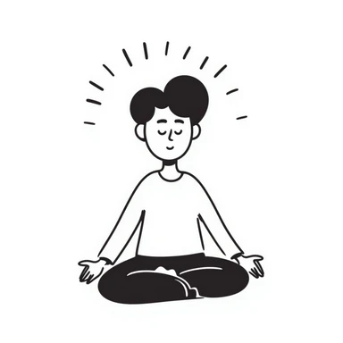 A person in a peaceful meditation pose with small waves of calmness radiating outward, representing mindfulness and stress relief. Simple hand-drawn doodle style. sticker