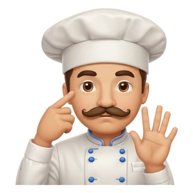 a chef in a chef chat with a mustache. the chef should be making a kissy face and position his hand as the pinched fingers emoji sticker