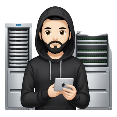 hackeur blanc cheveux noir barbe et capuche noir à côté d'un server sticker