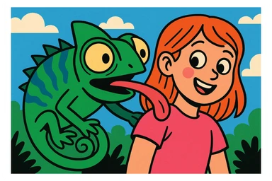 whimsical chameleon with bulging eyes licking a girl's shoulder, comic illustration, cheerful sticker