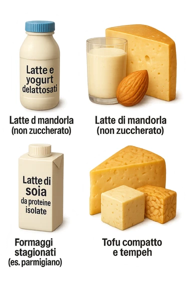 emoji stile iphone 3d di questi elementi che fluttuano in aria:

Latte e yogurt delattosati
Latte di mandorla (non zuccherato)
Latte di soia da proteine isolate
Formaggi stagionati (es. parmigiano)
Tofu compatto e tempeh
 che fluttuano in aria,  le etichette scrivile in italiano, iperealistico 4k sticker