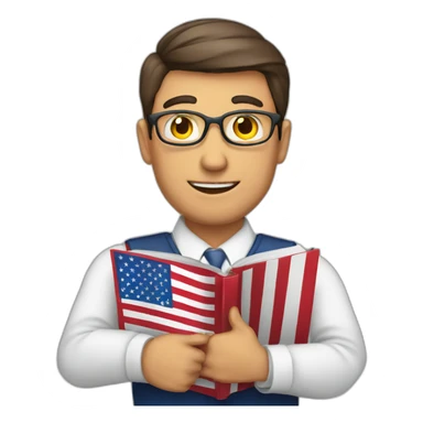 male english teacher with book and american flag sticker