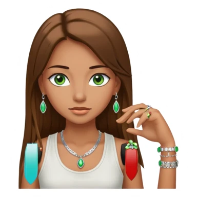 A girl with long brown straight hair, green eyes, and a white tank top; she doesn't have bangs. she wear a lot of silver jewerly tan skin sticker