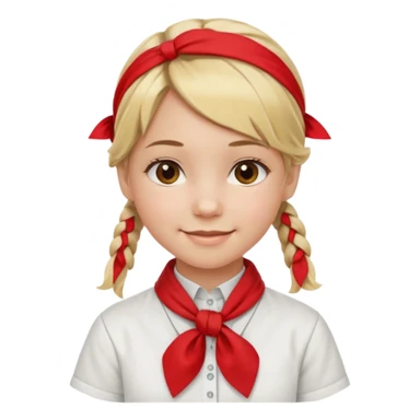 A Soviet pioneer girl emoji — smiling young girl with blonde hair tied into two short braids. She wears a white school shirt and a wide bright red pioneer neckerchief tied in a loose triangular knot at the chest (not a necktie). No suspenders, no jacket, no hat. Без красных повязок на голове sticker