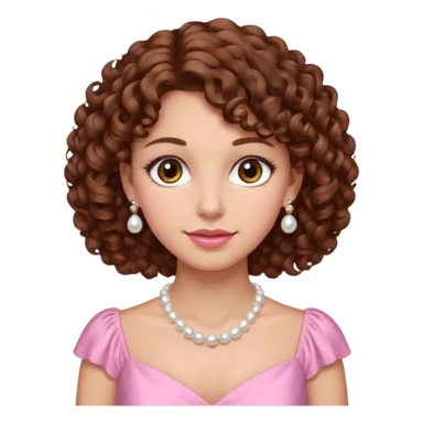 A woman with a brown curly hair and beautiful brown eyes and white skin and pink dress with pearl jewelry sticker
