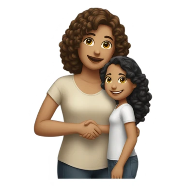 mid-sized pale woman with straight brown hair shakes hands with a tan mid-sized woman with black curly hair sticker
