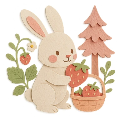 highly detailed, high quality paper craft style illustration of a bunny picking strawberries in the woods, sweet pastel red colors, intricate textures, soft lighting, delicate cut-paper details sticker