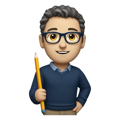 caucasian white boy with dark wavy  hair, blue glasses, and carrying design plan because he is an architect carrying a pencil and a set model maquette. wearing a navy blue long sleeve sweater shirt. smart.  sticker
