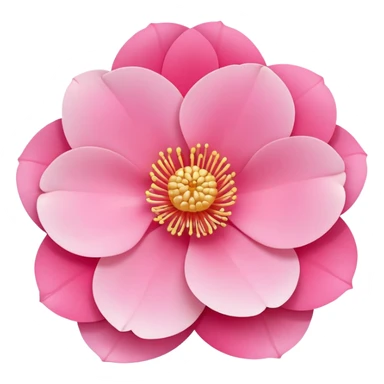 camellia flower, flat design, 5 layered pink petals with soft gradient, golden stamen in center, minimal outline, clean circular shape, pastel colors sticker
