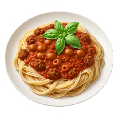 Spaghetti Bolognese on a plate, already mixed together, nice basil on top sticker