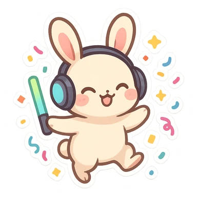 cute rave bunny wearing headphones, holding a glow wand, surrounded by confetti, festive mood sticker