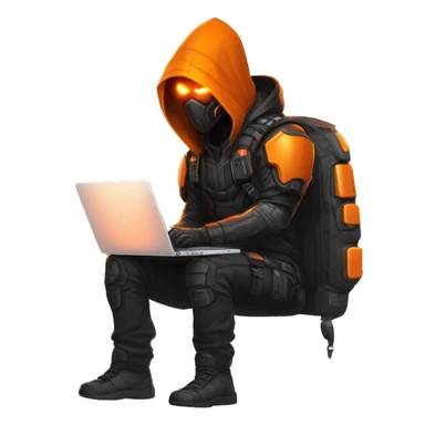  developer behind his laptop with this style : crysis Cyberpunk Valorant orange glowing bright orange character orange black hooded assassin themed character sticker