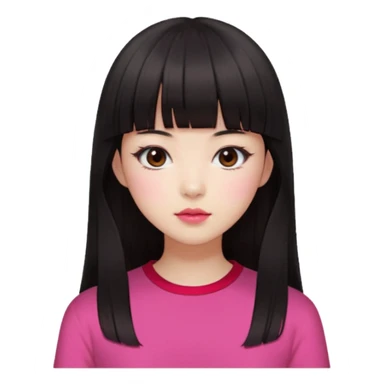 Korean girl, red top, black brown hair, brown eyes, long hair, cool girl, aesthetic, long hair, hime cut, blunt bangs, pink lips, pink cheek sticker