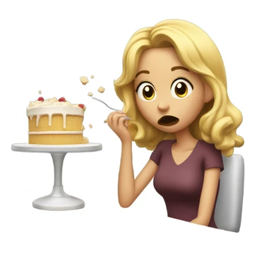 Blonde girl shoving cake into her mouth while working sticker