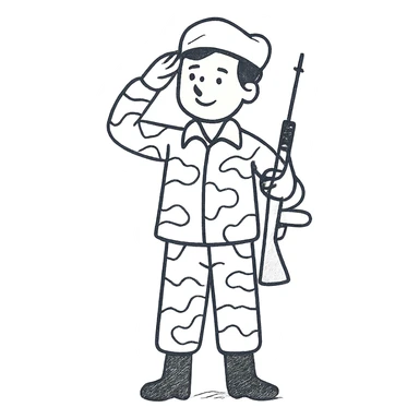 Remove the text from the chest, keep the little soldier with a camouflage uniform in cream, brown, and beige colors, saluting like a military figure, in a hand-drawn style. sticker