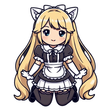 petite blonde catgirl woman long hair freckles shy lace white French maid thigh highs sticker