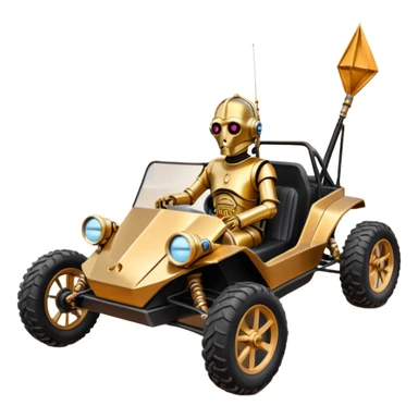 American southWest tarnished neon underglow C-3PO ghost hunter 1964 delicately ornate rosegold wood accents painted dune buggy buckboard powered by electric motors and batteries with racing safety belts while flying rapidly roughening terrain stable on strong agile advanced suspension and steering sticker