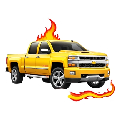 Bright yellow Chevrolet Silverado with red flame artwork exclusively on the front bumper, clean hood, exactly as in Kill Bill, 30-degree angle showcasing bumper detail, iOS emoji style sticker