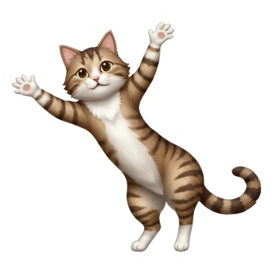 dark brown tabby and white cat with doing a big extremely long stretch reaching up into the air with arms and legs side by side together straight and overextended whilst lying on its side sticker