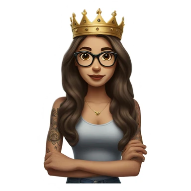 Hyperrealistic beautiful  girl, wearing a crown and glasses, arm tattoos, with long brown hair  sticker