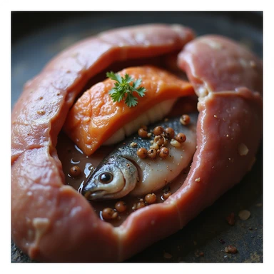 hyperrealistic 4K medical image of a human liver in section, containing sushi and raw fish full of parasites, highly detailed, parasites clearly visible and realistic sticker
